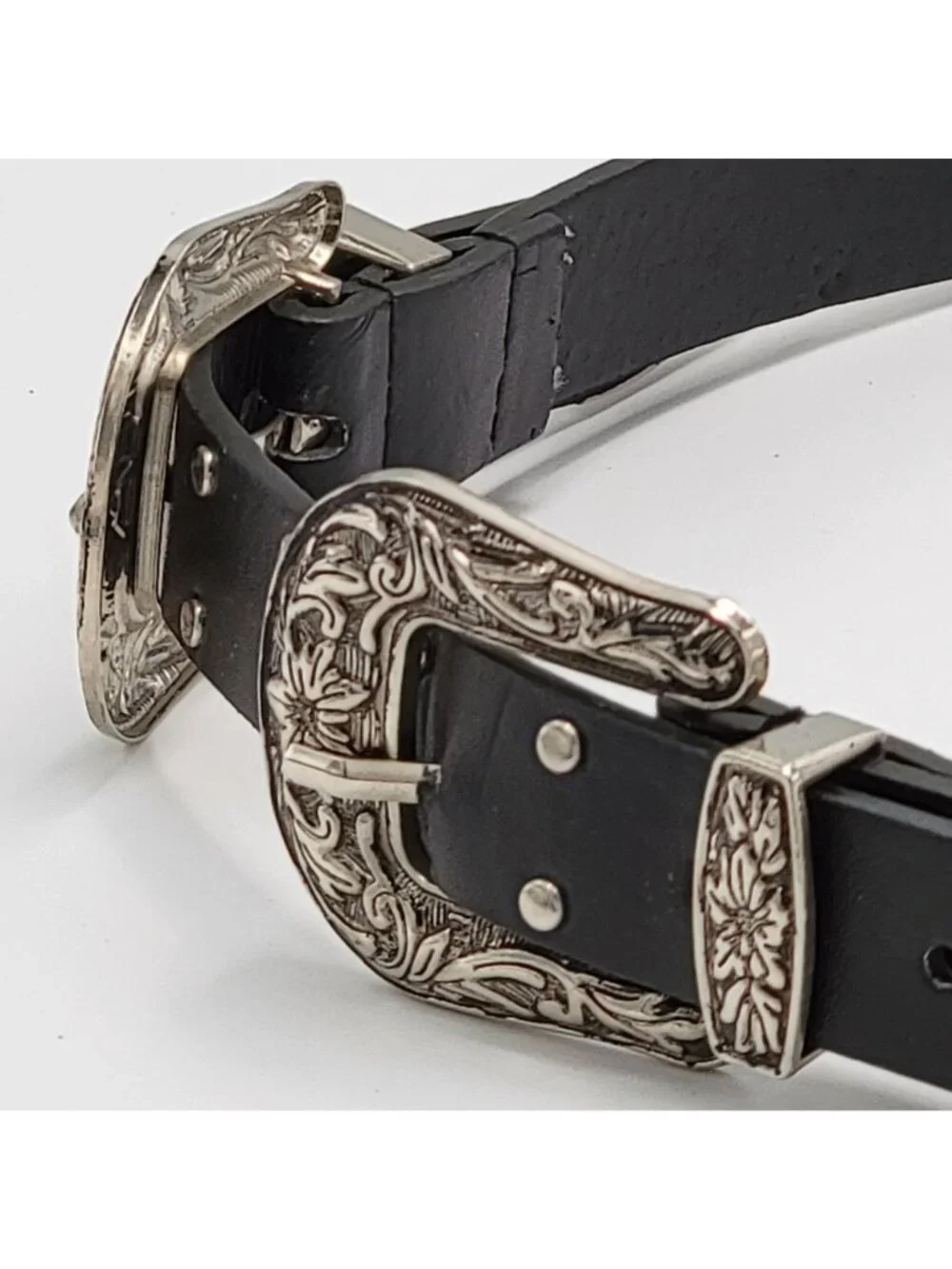 Western-Style Black Leather Belt With Dual Ornate Silver Buckles & Stud Details